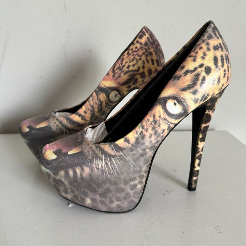Iron Fist Leopard Print Big Cat Face Platform Heels Brand New Vegan